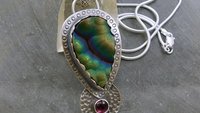 Botryoidal Agate Pink Tourmaline Multi Stone Pendant, Oxidized Sterling Silver, Neon Colors, Pink Green Stones, Hand Stamped