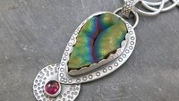 Botryoidal Agate Pink Tourmaline Multi Stone Pendant, Oxidized Sterling Silver, Neon Colors, Pink Green Stones, Hand Stamped