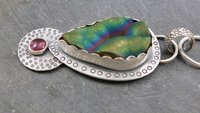 Botryoidal Agate Pink Tourmaline Multi Stone Pendant, Oxidized Sterling Silver, Neon Colors, Pink Green Stones, Hand Stamped