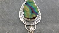 Botryoidal Agate Pink Tourmaline Multi Stone Pendant, Oxidized Sterling Silver, Neon Colors, Pink Green Stones, Hand Stamped