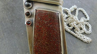 Dinosaur Bone Garnet Hematite Pendant, Oxidized Sterling Silver, Multi Stone Necklace, Modernist Industrial Stone Pendant