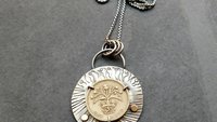 British Pound Coin Sterling Silver 14k Gold Stamped Pendant, Vintage Coin Modernist Hand Fabricated Necklace