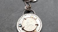British Ten Pence Coin London Blue Topaz Sterling Silver Pendant, Silver Gold Coin Jewelry