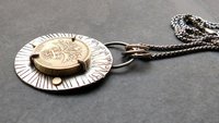 British Pound Coin Sterling Silver 14k Gold Stamped Pendant, Vintage Coin Modernist Hand Fabricated Necklace