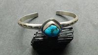 Kingman Turquoise Nugget Cuff, Oxidized Sterling Silver, American Turquoise Nugget Stamped Bracelet, Modern Southwest Design