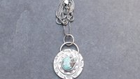 Hubei Turquoise Stamped Sterling Silver Pendant, Modern Southwestern Jewelry, Hand Fabricated Turquoise Necklace