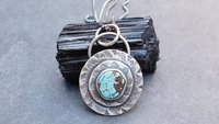 Hubei Turquoise Stamped Sterling Silver Pendant, Modern Southwestern Jewelry, Hand Fabricated Turquoise Necklace
