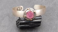 Raw Ruby Mineral Sterling Silver 14K Gold Cuff, Crystal Jewelry, Natural Ruby Statement Bracelet