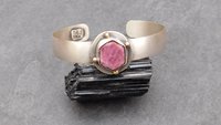 Raw Ruby Mineral Sterling Silver 14K Gold Cuff, Crystal Jewelry, Natural Ruby Statement Bracelet