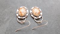 Leopard Skin Jasper Sterling Bronze Earrings, Mixed Metal Earth Tone Stone Dangles