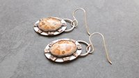Leopard Skin Jasper Sterling Bronze Earrings, Mixed Metal Earth Tone Stone Dangles