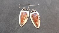 Petrified Fern Fall Color Stone Sterling Silver 14k Gold Earrings, Mixed Metal Orange Red Stone Dangles