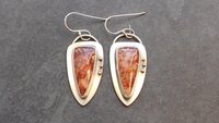 Petrified Fern Fall Color Stone Sterling Silver 14k Gold Earrings, Mixed Metal Orange Red Stone Dangles
