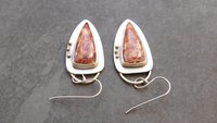 Petrified Fern Fall Color Stone Sterling Silver 14k Gold Earrings, Mixed Metal Orange Red Stone Dangles