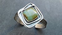 Peruvian Blue Opal Statement Cuff, Oxidized Sterling Silver, Geometric Wire Stone Bracelet