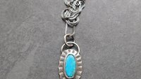 American Turquoise Sterling Silver Stamped Pendant, Kingman Turquoise Boho Necklace
