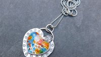 Millefiori Glass Heart Sterling Silver Stamped Pendant, Multi Color Flower Heart Necklace