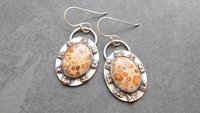 Leopard Skin Jasper Sterling Bronze Earrings, Mixed Metal Earth Tone Stone Dangles