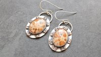 Leopard Skin Jasper Sterling Bronze Earrings, Mixed Metal Earth Tone Stone Dangles