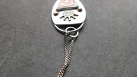 Whimsical Red Yellow Fordite Sterling Silver Bronze Pendant, Mixed Metal Fun Fordite Crown Necklace