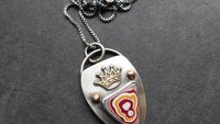 Whimsical Red Yellow Fordite Sterling Silver Bronze Pendant, Mixed Metal Fun Fordite Crown Necklace