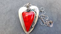 Red Lampwork Glass Heart Sterling Silver Pendant, Rose Heart Asymmetrical Statement Necklace
