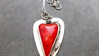 Red Lampwork Glass Heart Sterling Silver Pendant, Rose Heart Asymmetrical Statement Necklace