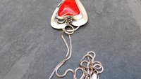 Red Lampwork Glass Heart Sterling Silver Pendant, Rose Heart Asymmetrical Statement Necklace