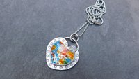Millefiori Glass Heart Sterling Silver Stamped Pendant, Multi Color Flower Heart Necklace