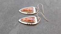 Petrified Fern Fall Color Stone Sterling Silver 14k Gold Earrings, Mixed Metal Orange Red Stone Dangles