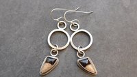 Petrified Fern Mod Hoop Sterling Silver Earrings, Black Tan Stone Dangle Hoops