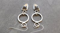Petrified Fern Mod Hoop Sterling Silver Earrings, Black Tan Stone Dangle Hoops
