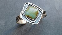 Peruvian Blue Opal Statement Cuff, Oxidized Sterling Silver, Geometric Wire Stone Bracelet