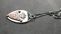 Whimsical Red Yellow Fordite Sterling Silver Bronze Pendant, Mixed Metal Fun Fordite Crown Necklace