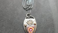 Whimsical Red Yellow Fordite Sterling Silver Bronze Pendant, Mixed Metal Fun Fordite Crown Necklace