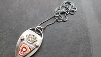 Whimsical Red Yellow Fordite Sterling Silver Bronze Pendant, Mixed Metal Fun Fordite Crown Necklace