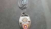 Whimsical Red Yellow Fordite Sterling Silver Bronze Pendant, Mixed Metal Fun Fordite Crown Necklace