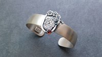 Sterling Silver Sugar Skull Floral Garnet Cuff Bracelet, Day Of The Dead Jewelry