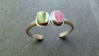 Raw Mineral Peridot Ruby Sterling Silver Bracelet, Pink Green Natural Crystal Jewelry