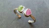 Raw Mineral Peridot Ruby Sterling Silver Bracelet, Pink Green Natural Crystal Jewelry