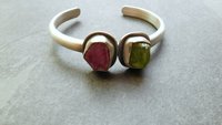 Raw Mineral Peridot Ruby Sterling Silver Bracelet, Pink Green Natural Crystal Jewelry