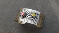 Pink Green Tourmaline Sterling Silver Wavy Wire Modernist Cuff Bracelet
