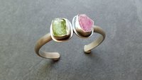 Raw Mineral Peridot Ruby Sterling Silver Bracelet, Pink Green Natural Crystal Jewelry