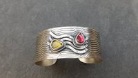 Pink Green Tourmaline Sterling Silver Wavy Wire Modernist Cuff Bracelet