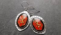 Vintage Red Black Bronze Dragon Glass Stone Sterling Silver Earrings