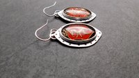 Vintage Red Black Bronze Dragon Glass Stone Sterling Silver Earrings