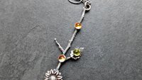 Citrine Peridot Sterling Silver Long Stem Sunflower Pendant Necklace