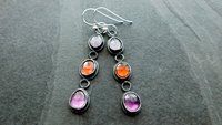 Iolite Garnet Amethyst Multi Stone Oxidized Sterling Silver Long Gemstone Dangle Earrings