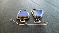 Cobalt Blue Natural Sea Glass Mismatched Oxidized Sterling Silver Stamped Dangle Earrings