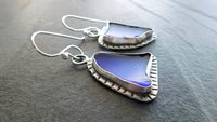 Cobalt Blue Natural Sea Glass Mismatched Oxidized Sterling Silver Stamped Dangle Earrings